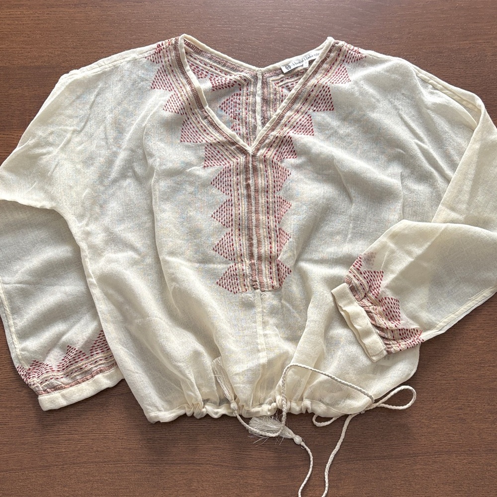House of Harlow 1960 - Cream Embroidered Sheer Weave Peasant Blouse